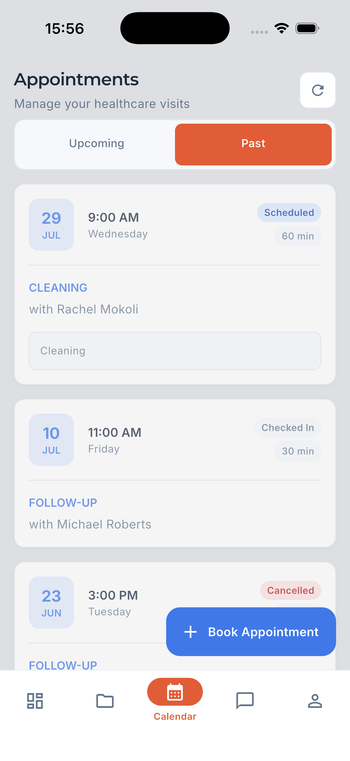 The MedCore patient app showing upcoming and past appointments with a book appointment action