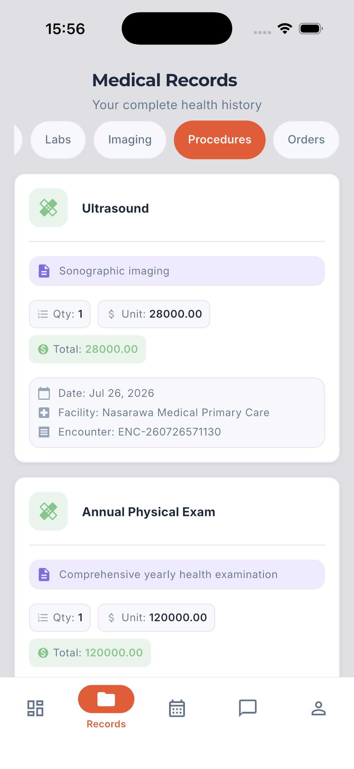 The MedCore patient app showing a medical records screen with labs, imaging, procedures and orders
