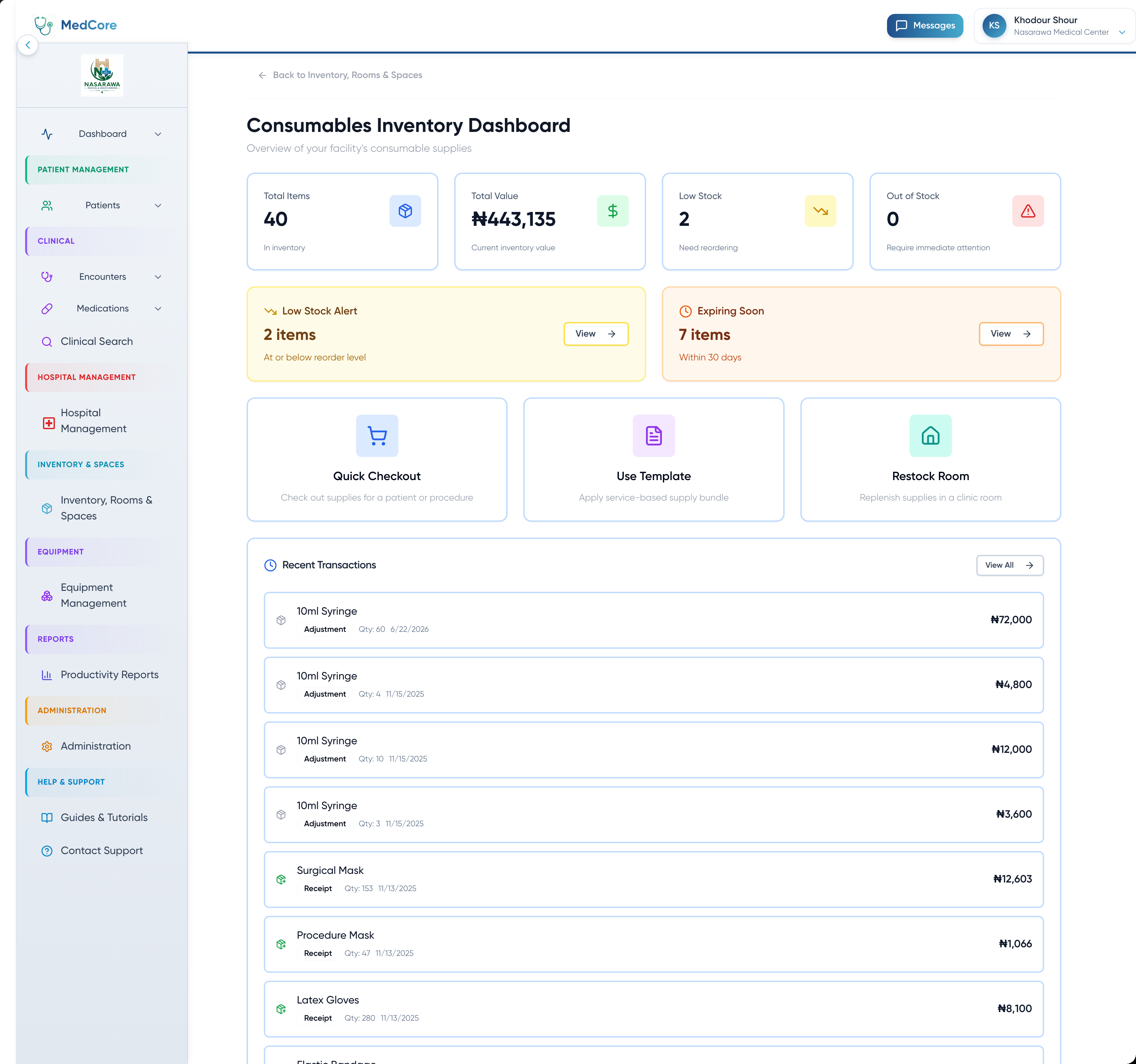 MedCore consumables inventory dashboard, showing stock levels and par level status across storage spaces
