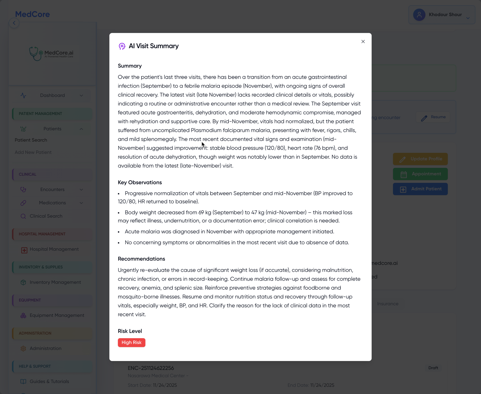 MedCore patient history summary, showing a consolidated medical history generated from a patient record
