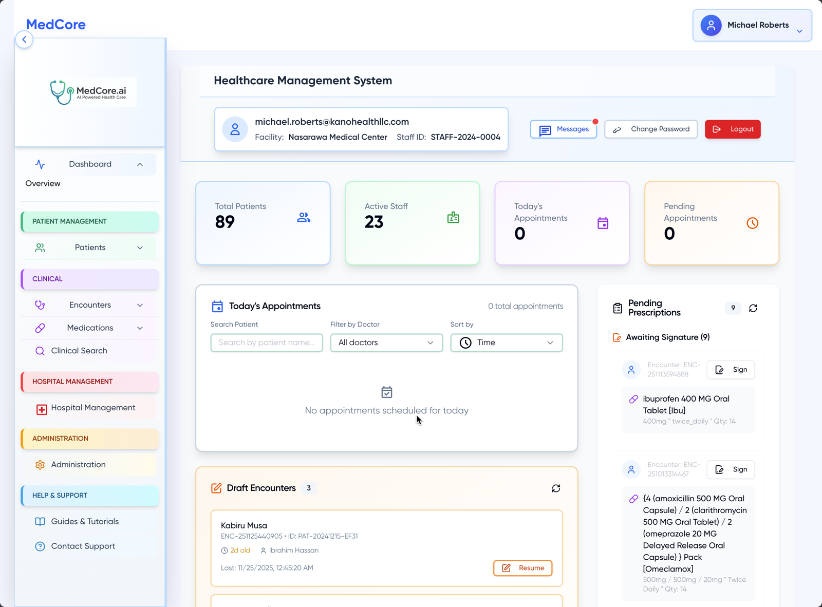 The MedCore medical staff dashboard, showing today's appointments, patient queue and facility activity